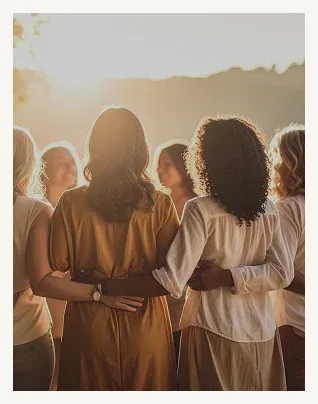 Women embracing at sunset